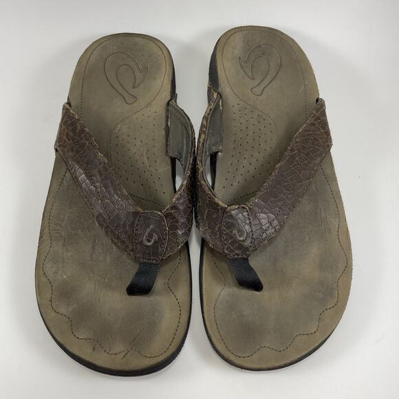 Olukai Kumu Flip Flops Mens Size 10 Brown Leather Hawaiian Beach Sandals - Picture 3 of 9